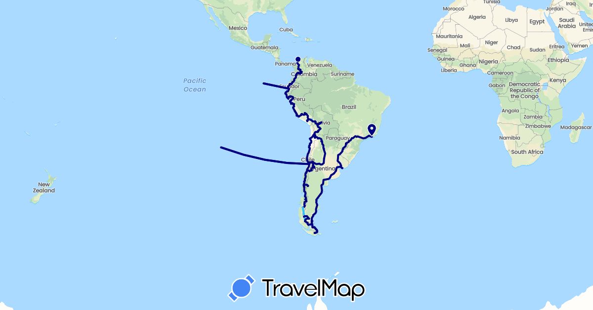 TravelMap itinerary: driving, boat in Argentina, Bolivia, Brazil, Chile, Colombia, Ecuador, Peru, Uruguay (South America)